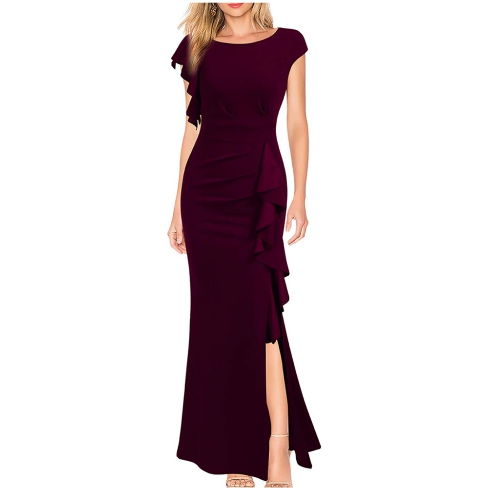 Women’s Burgundy Maxi Dress with Ruffle Detail